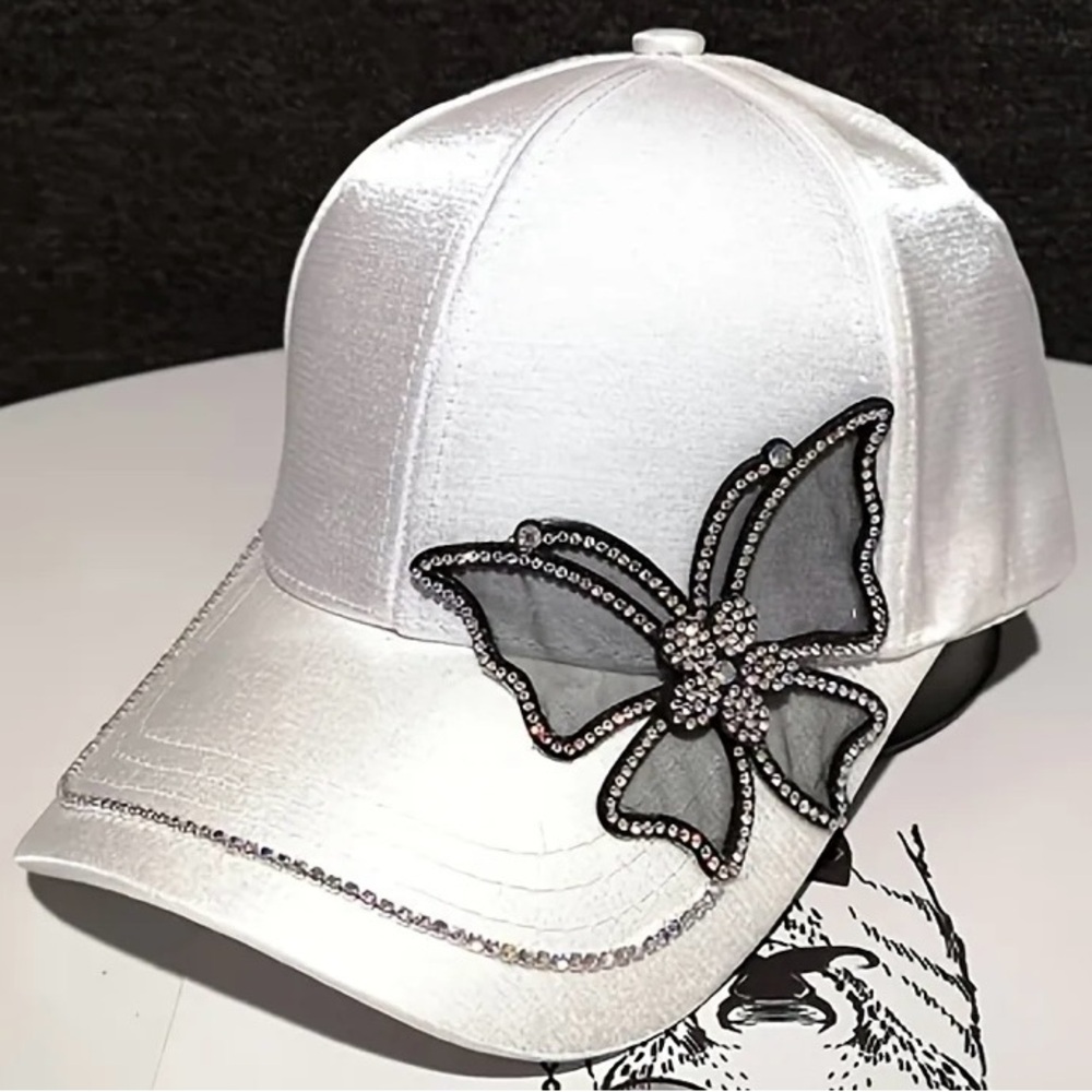 White Rhinestone & Butterfly Decor Baseball Cap - Picture 3 of 10